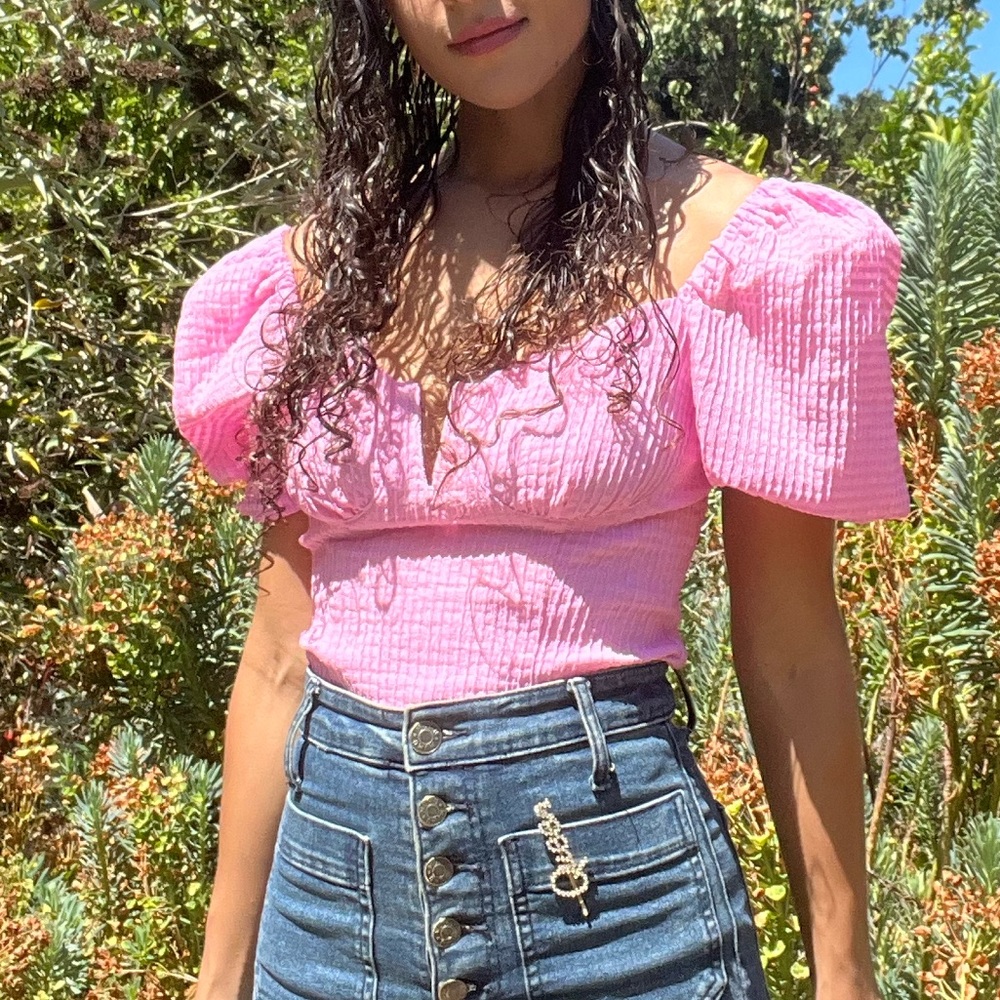 Astr the Label Daydreamer Seersucker Sweetheart Puff Sleeve Top XS Pink